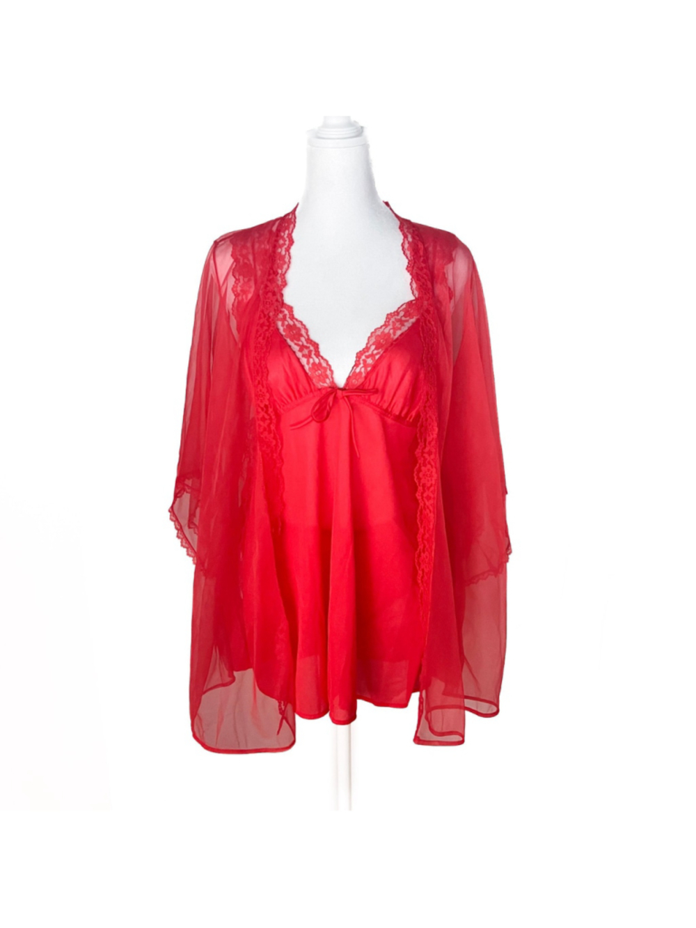Vintage JCPenney Red Nylon 3 Piece Peignoir Lingerie Set Lace Robe Nightgown M